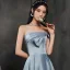 Haut de Gamme Bleu Ciel Satin Dansant Robe De Bal 2021 Princesse Bustier Manches Courtes Fendue devant Longue Volants Dos Nu Robe De Ceremonie