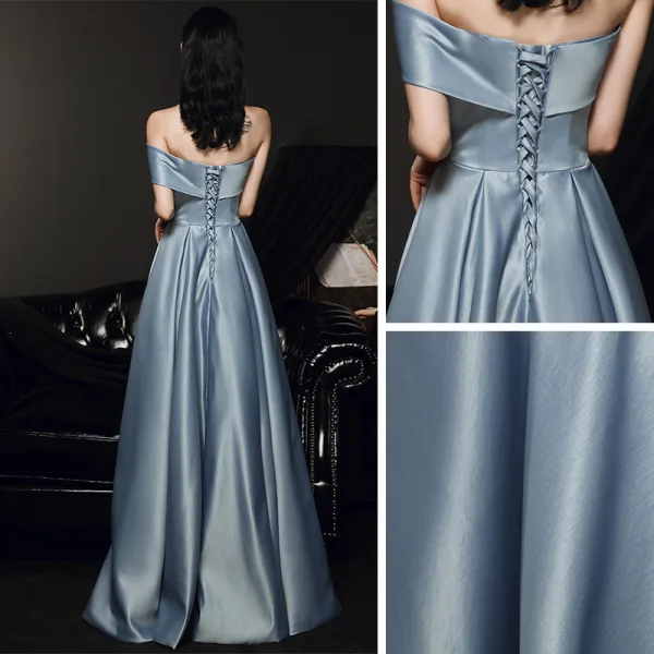 Haut de Gamme Bleu Ciel Satin Dansant Robe De Bal 2021 Princesse Bustier Manches Courtes Fendue devant Longue Volants Dos Nu Robe De Ceremonie