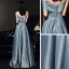 Haut de Gamme Bleu Ciel Satin Dansant Robe De Bal 2021 Princesse Bustier Manches Courtes Fendue devant Longue Volants Dos Nu Robe De Ceremonie