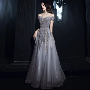 Sparkly Grey Sequins Dancing Prom Dresses 2021 A Line Princess Off The Shoulder Short Sleeve Beading Glitter Tulle Floor Length Long Ruffle Backless Formal Dresses