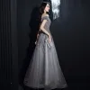 Sparkly Grey Sequins Dancing Prom Dresses 2021 A-Line / Princess Off-The-Shoulder Short Sleeve Beading Glitter Tulle Floor-Length / Long Ruffle Backless Formal Dresses