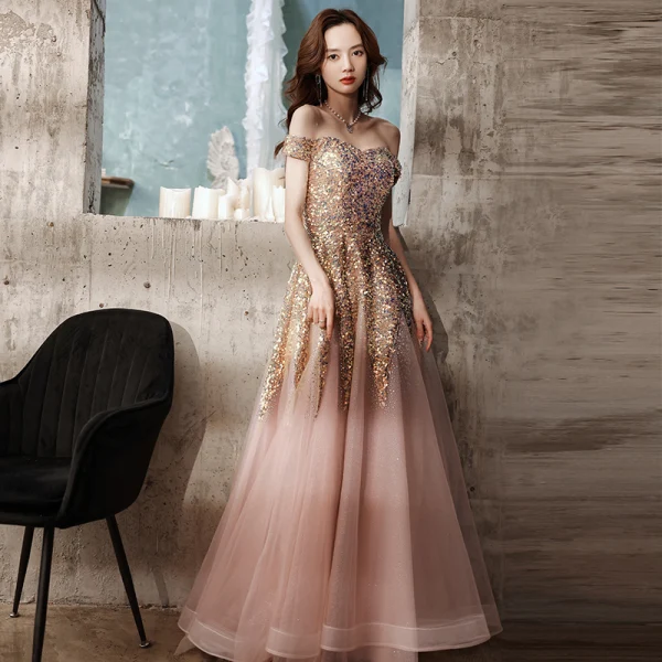 Glitzernden Grau Pailletten Tanzen Ballkleider 2021 A Linie Off Shoulder Kurze Ärmel Perlenstickerei Glanz Tülle Lange Rüschen Rückenfreies Festliche Kleider