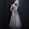 Sparkly Grey Sequins Dancing Prom Dresses 2021 A-Line / Princess Off-The-Shoulder Short Sleeve Beading Glitter Tulle Floor-Length / Long Ruffle Backless Formal Dresses