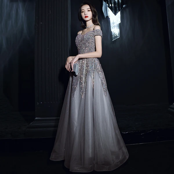 Glitzernden Grau Pailletten Tanzen Ballkleider 2021 A Linie Off Shoulder Kurze Ärmel Perlenstickerei Glanz Tülle Lange Rüschen Rückenfreies Festliche Kleider