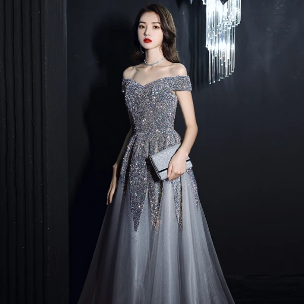 Glitzernden Grau Pailletten Tanzen Ballkleider 2021 A Linie Off Shoulder Kurze Ärmel Perlenstickerei Glanz Tülle Lange Rüschen Rückenfreies Festliche Kleider