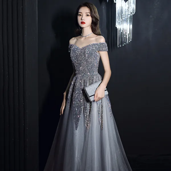 Sparkly Grey Sequins Dancing Prom Dresses 2021 A-Line / Princess Off ...