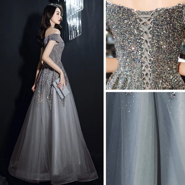 Glitzernden Grau Pailletten Tanzen Ballkleider 2021 A Linie Off Shoulder Kurze Ärmel Perlenstickerei Glanz Tülle Lange Rüschen Rückenfreies Festliche Kleider