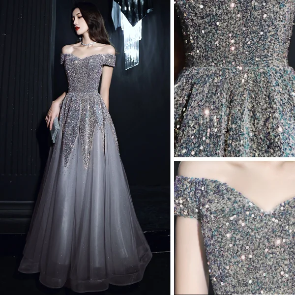 Glitzernden Grau Pailletten Tanzen Ballkleider 2021 A Linie Off Shoulder Kurze Ärmel Perlenstickerei Glanz Tülle Lange Rüschen Rückenfreies Festliche Kleider