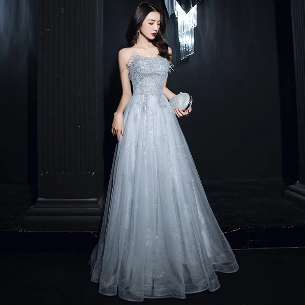 Elegant Silver Dancing Prom Dresses 2021 A-Line / Princess Strapless Sleeveless Feather Appliques Sequins Beading Floor-Length / Long Ruffle Backless Formal Dresses