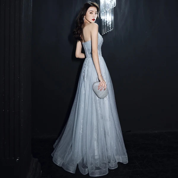 Elegant Silver Dancing Prom Dresses 2021 A-Line / Princess Strapless Sleeveless Feather Appliques Sequins Beading Floor-Length / Long Ruffle Backless Formal Dresses