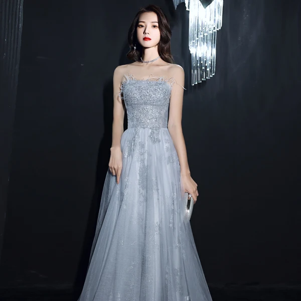Elegant Silver Dancing Prom Dresses 2021 A-Line / Princess Strapless Sleeveless Feather Appliques Sequins Beading Floor-Length / Long Ruffle Backless Formal Dresses