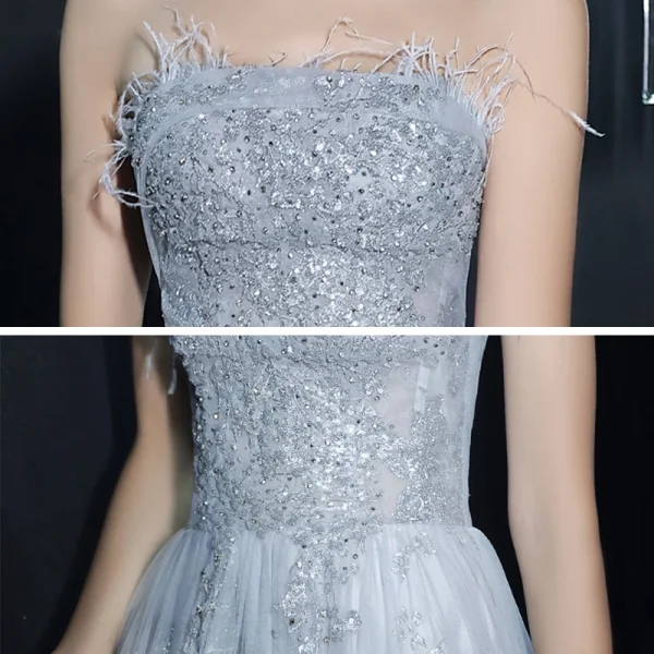 Elegant Silver Dancing Prom Dresses 2021 A-Line / Princess Strapless Sleeveless Feather Appliques Sequins Beading Floor-Length / Long Ruffle Backless Formal Dresses