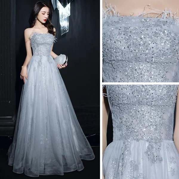 Elegant Silver Dancing Prom Dresses 2021 A-Line / Princess Strapless Sleeveless Feather Appliques Sequins Beading Floor-Length / Long Ruffle Backless Formal Dresses