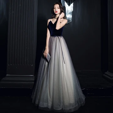 Elegant Navy Blue Gradient Color Dancing Prom Dresses 2021 A Line Princess Sweetheart Sleeveless Sash Glitter Tulle Floor Length Long Ruffle Backless Formal Dresses