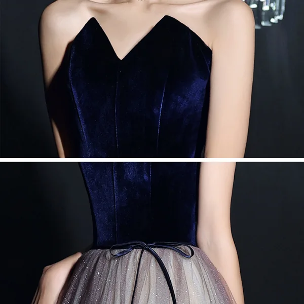 Elegant Mørk Marineblå Gradient-Farge Dancing Ballkjoler 2021 Prinsesse Kjæreste Uten Ermer Sash Glitter Tyll Lange Buste Ryggløse Formelle Kjoler