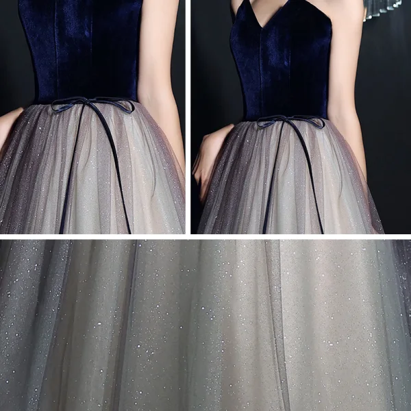 Elegant Mørk Marineblå Gradient-Farge Dancing Ballkjoler 2021 Prinsesse Kjæreste Uten Ermer Sash Glitter Tyll Lange Buste Ryggløse Formelle Kjoler