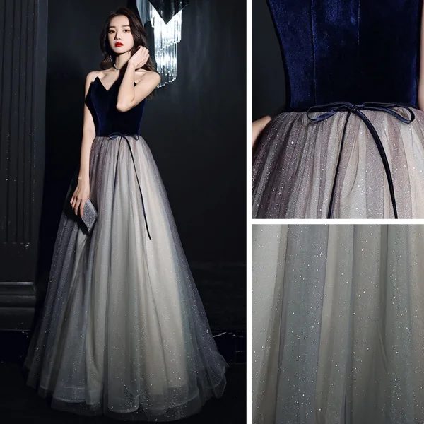 Elegant Mørk Marineblå Gradient-Farge Dancing Ballkjoler 2021 Prinsesse Kjæreste Uten Ermer Sash Glitter Tyll Lange Buste Ryggløse Formelle Kjoler