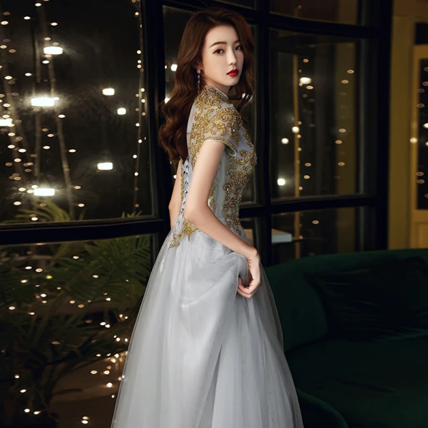 Vintage / Retro Grey See-through Dancing Prom Dresses 2021 A-Line / Princess High Neck Short Sleeve Appliques Lace Beading Floor-Length / Long Ruffle Backless Formal Dresses