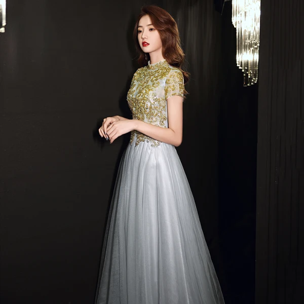 Vintage / Retro Grey See-through Dancing Prom Dresses 2021 A-Line / Princess High Neck Short Sleeve Appliques Lace Beading Floor-Length / Long Ruffle Backless Formal Dresses
