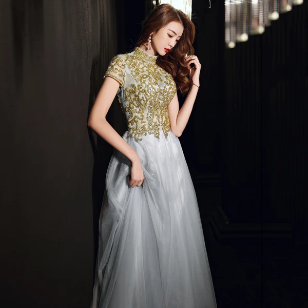 Vintage / Retro Grey See-through Dancing Prom Dresses 2021 A-Line / Princess High Neck Short Sleeve Appliques Lace Beading Floor-Length / Long Ruffle Backless Formal Dresses