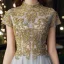 Vintage / Retro Grey See-through Dancing Prom Dresses 2021 A-Line / Princess High Neck Short Sleeve Appliques Lace Beading Floor-Length / Long Ruffle Backless Formal Dresses