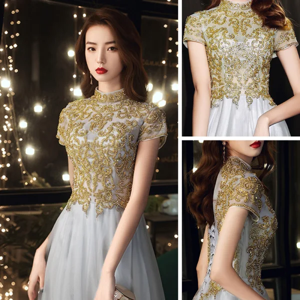 Vintage / Retro Grey See-through Dancing Prom Dresses 2021 A-Line / Princess High Neck Short Sleeve Appliques Lace Beading Floor-Length / Long Ruffle Backless Formal Dresses