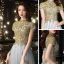 Vintage / Retro Grey See-through Dancing Prom Dresses 2021 A-Line / Princess High Neck Short Sleeve Appliques Lace Beading Floor-Length / Long Ruffle Backless Formal Dresses