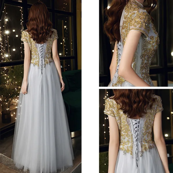 Vintage / Retro Grey See-through Dancing Prom Dresses 2021 A-Line / Princess High Neck Short Sleeve Appliques Lace Beading Floor-Length / Long Ruffle Backless Formal Dresses