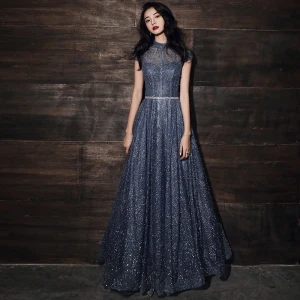 Bling Bling Navy Blue Dancing Prom Dresses 2021 A Line Princess See Through High Neck Short Sleeve Sash Beading Pearl Glitter Tulle Floor Length Long Ruffle Backless Formal Dresses