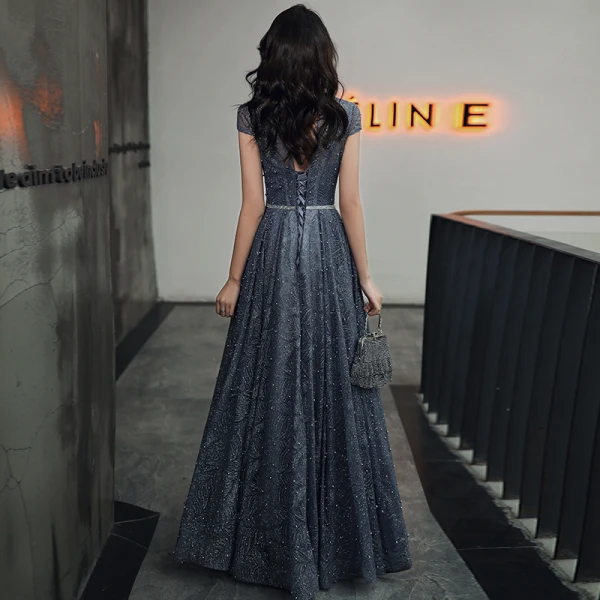 Bling Bling Navy Blue Dancing Prom Dresses 2021 A-Line / Princess See-through High Neck Short Sleeve Sash Beading Pearl Glitter Tulle Floor-Length / Long Ruffle Backless Formal Dresses