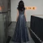 Bling Bling Navy Blue Dancing Prom Dresses 2021 A-Line / Princess See-through High Neck Short Sleeve Sash Beading Pearl Glitter Tulle Floor-Length / Long Ruffle Backless Formal Dresses