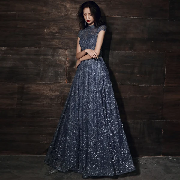Bling Bling Navy Blue Dancing Prom Dresses 2021 A-Line / Princess See-through High Neck Short Sleeve Sash Beading Pearl Glitter Tulle Floor-Length / Long Ruffle Backless Formal Dresses