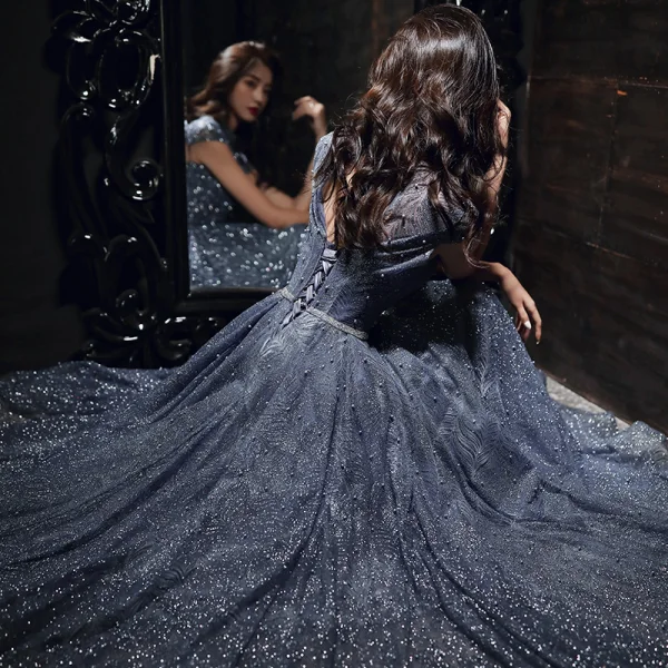 Bling Bling Navy Blue Dancing Prom Dresses 2021 A-Line / Princess See-through High Neck Short Sleeve Sash Beading Pearl Glitter Tulle Floor-Length / Long Ruffle Backless Formal Dresses