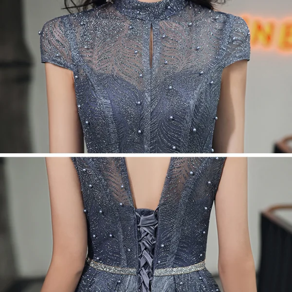 Bling Bling Navy Blue Dancing Prom Dresses 2021 A-Line / Princess See-through High Neck Short Sleeve Sash Beading Pearl Glitter Tulle Floor-Length / Long Ruffle Backless Formal Dresses