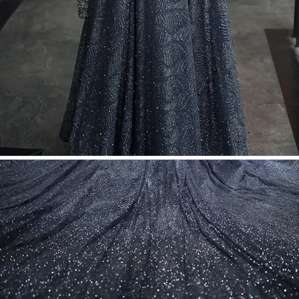 Bling Bling Navy Blue Dancing Prom Dresses 2021 A-Line / Princess See-through High Neck Short Sleeve Sash Beading Pearl Glitter Tulle Floor-Length / Long Ruffle Backless Formal Dresses