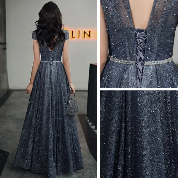 Bling Bling Navy Blue Dancing Prom Dresses 2021 A-Line / Princess See-through High Neck Short Sleeve Sash Beading Pearl Glitter Tulle Floor-Length / Long Ruffle Backless Formal Dresses