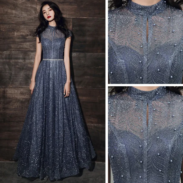 Bling Bling Navy Blue Dancing Prom Dresses 2021 A-Line / Princess See-through High Neck Short Sleeve Sash Beading Pearl Glitter Tulle Floor-Length / Long Ruffle Backless Formal Dresses