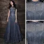 Bling Bling Navy Blue Dancing Prom Dresses 2021 A-Line / Princess See-through High Neck Short Sleeve Sash Beading Pearl Glitter Tulle Floor-Length / Long Ruffle Backless Formal Dresses