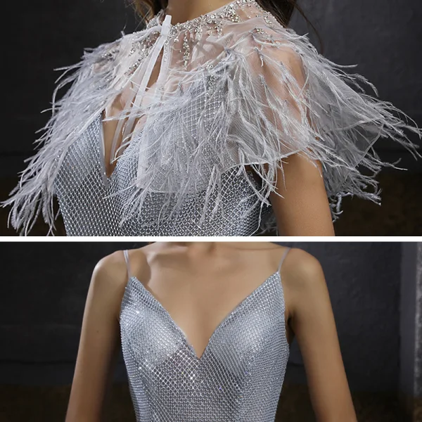 High End Silber Tanzen Ballkleider Mit Schal 2021 A Linie Spaghettiträger Ärmellos Perlenstickerei Strass Lange Rüschen Rückenfreies Festliche Kleider