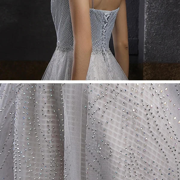 High End Silber Tanzen Ballkleider Mit Schal 2021 A Linie Spaghettiträger Ärmellos Perlenstickerei Strass Lange Rüschen Rückenfreies Festliche Kleider