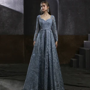 High End Mørk Marineblå Dancing Ballkjoler 2021 Prinsesse Firkantet Hals Langermede Appliques Blonder Beading Lange Buste Ryggløse Formelle Kjoler