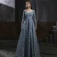 Haut de Gamme Bleu Marine Dansant Robe De Bal 2021 Princesse Encolure Carrée Manches Longues Appliques En Dentelle Perlage Longue Volants Dos Nu Robe De Ceremonie