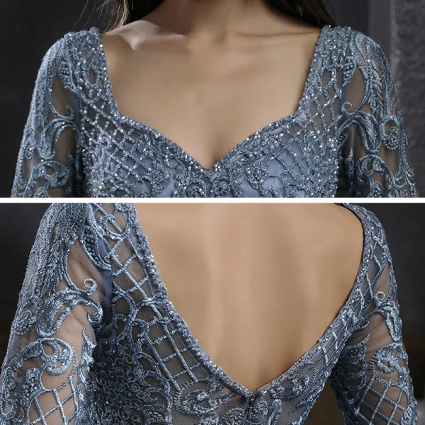Haut de Gamme Bleu Marine Dansant Robe De Bal 2021 Princesse Encolure Carrée Manches Longues Appliques En Dentelle Perlage Longue Volants Dos Nu Robe De Ceremonie