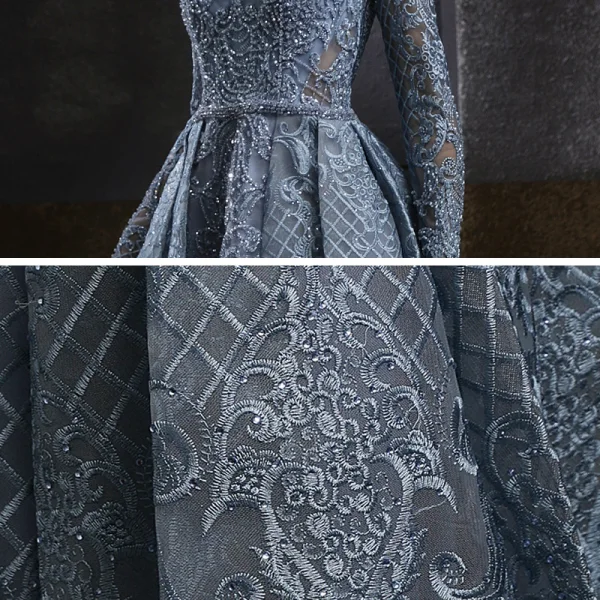 Haut de Gamme Bleu Marine Dansant Robe De Bal 2021 Princesse Encolure Carrée Manches Longues Appliques En Dentelle Perlage Longue Volants Dos Nu Robe De Ceremonie