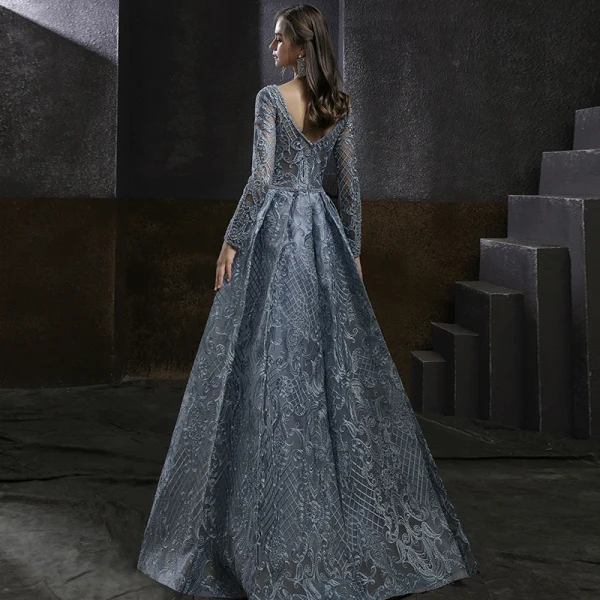 blue beaded hoco dress Long Sleeves V-Neck Backless Pleated Dresses – Alizeal main image 0