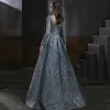 High-end Navy Blue Dancing Prom Dresses 2021 A-Line / Princess Square Neckline Long Sleeve Appliques Lace Beading Floor-Length / Long Ruffle Backless Formal Dresses