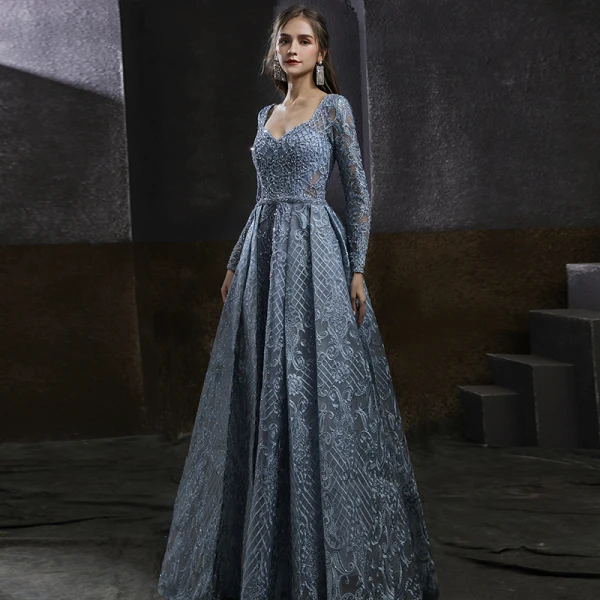 Haut de Gamme Bleu Marine Dansant Robe De Bal 2021 Princesse Encolure Carrée Manches Longues Appliques En Dentelle Perlage Longue Volants Dos Nu Robe De Ceremonie