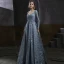 Haut de Gamme Bleu Marine Dansant Robe De Bal 2021 Princesse Encolure Carrée Manches Longues Appliques En Dentelle Perlage Longue Volants Dos Nu Robe De Ceremonie