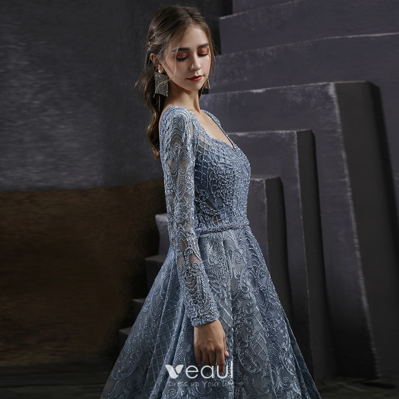 A-Line Square Neckline Gray Blue Long Prom Dress, Lace Formal Evening Dress