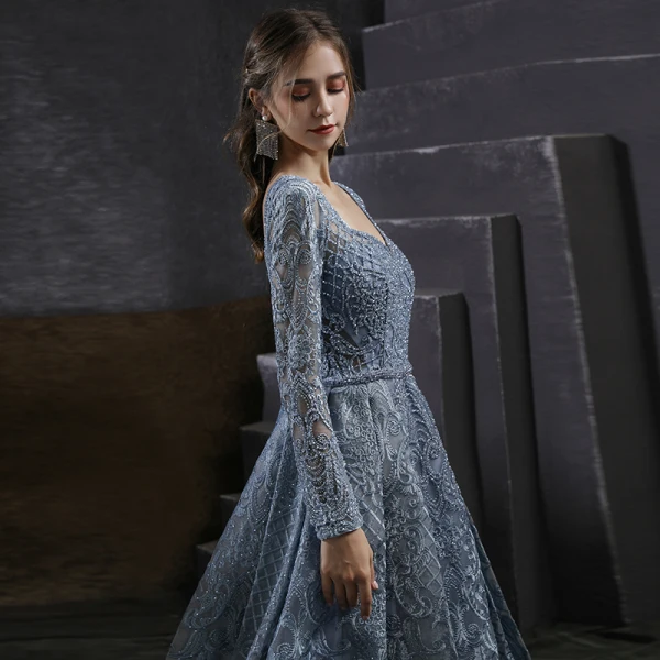 Haut de Gamme Bleu Marine Dansant Robe De Bal 2021 Princesse Encolure Carrée Manches Longues Appliques En Dentelle Perlage Longue Volants Dos Nu Robe De Ceremonie